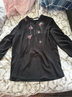 new directions Black V-Neck Tunic with Colorful Floral Embroidery